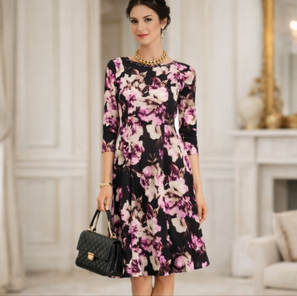 New Eliza J Dress Jeweled Neck purple abstract Print Flared Scuba Knit Sz 14
